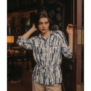 Jones New York Linen Tie-Dye Snap Front Drawstring Jacket Silver Hardware M